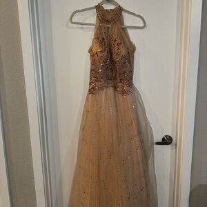 Gold Sequin Halter Tulle Evening Gown